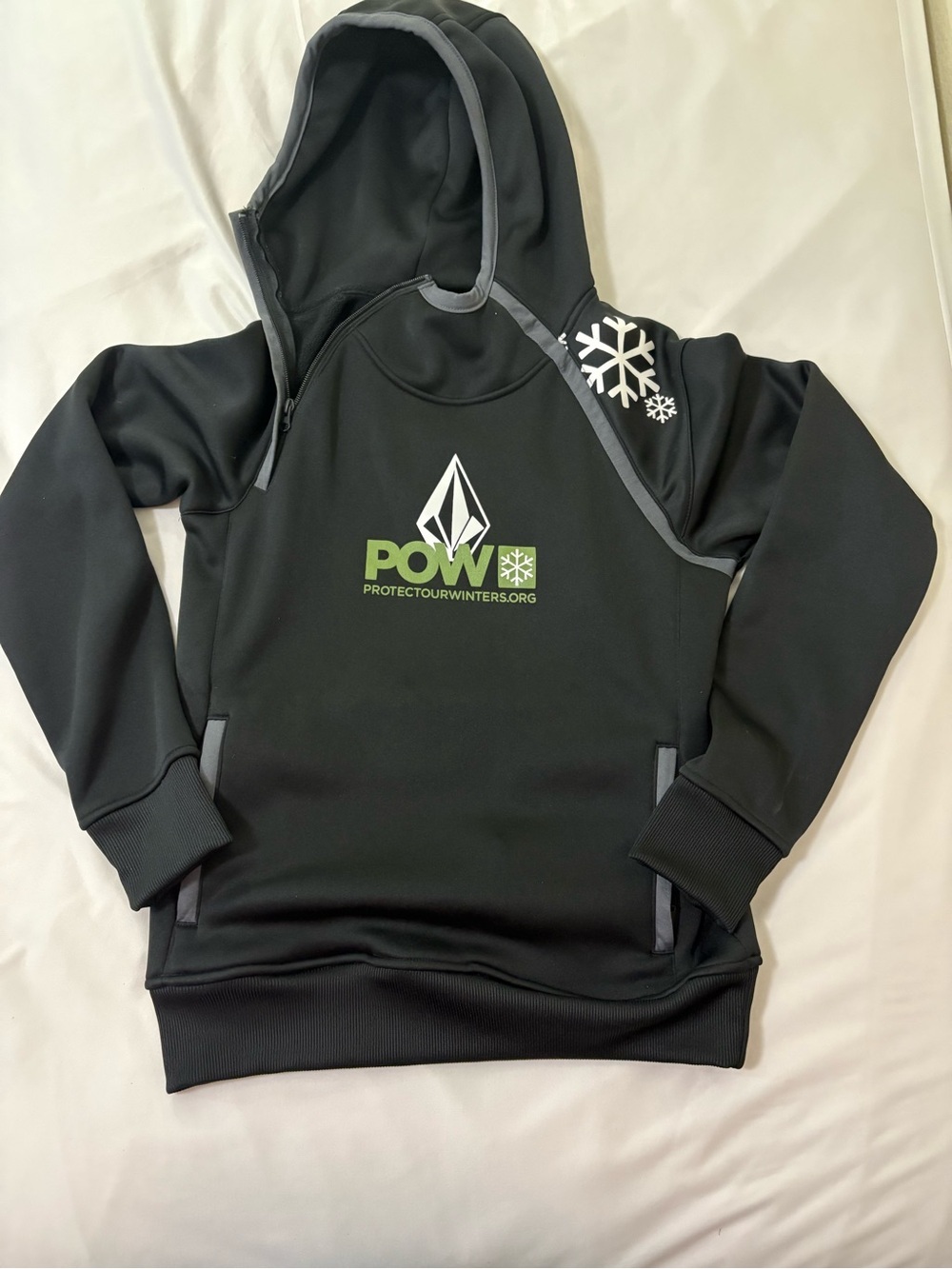 Volcom Black Hooded Crewneck with Green POW Logo and Gray Trim